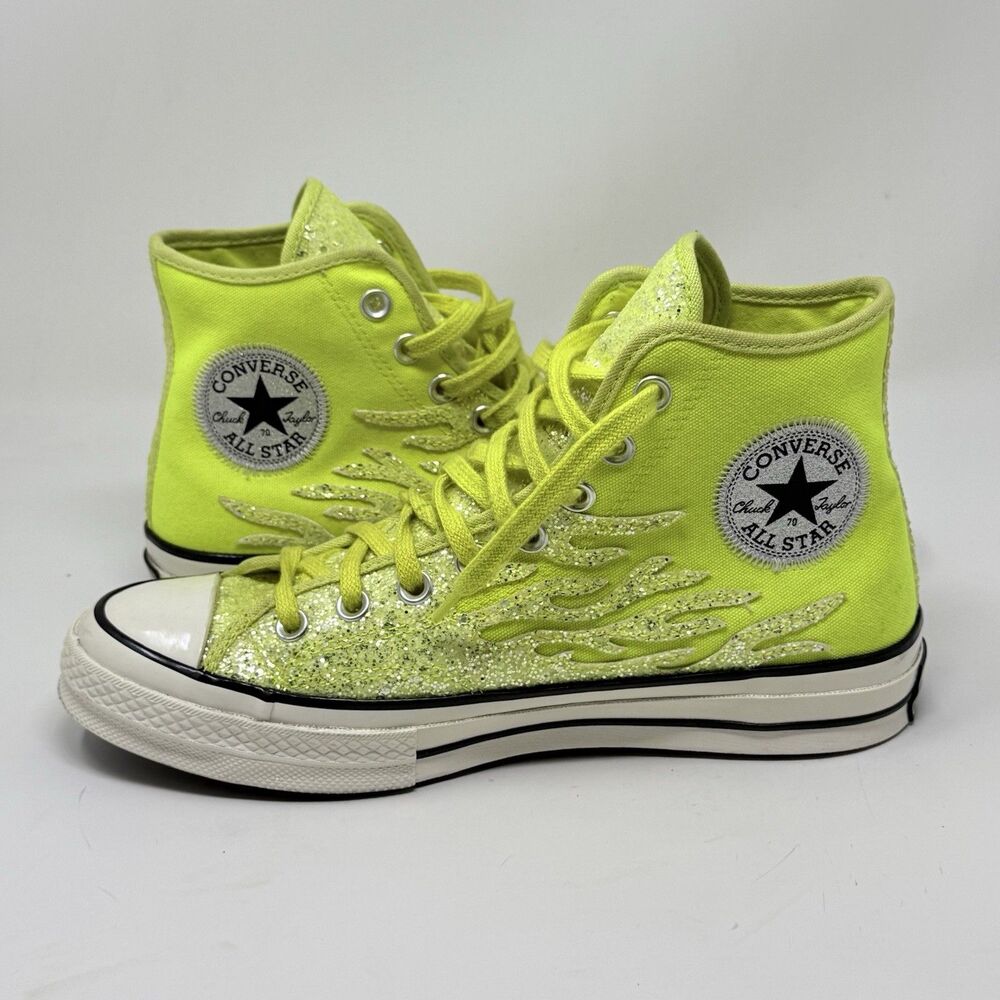 Converse Chuck 70 High Archival Glitter Flame Womens 9.5 Neon Lemon Yellow Shoes